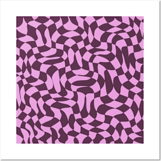 Dark Purple and Pink Distorted Warped Checkerboard Pattern IV Posters and Art